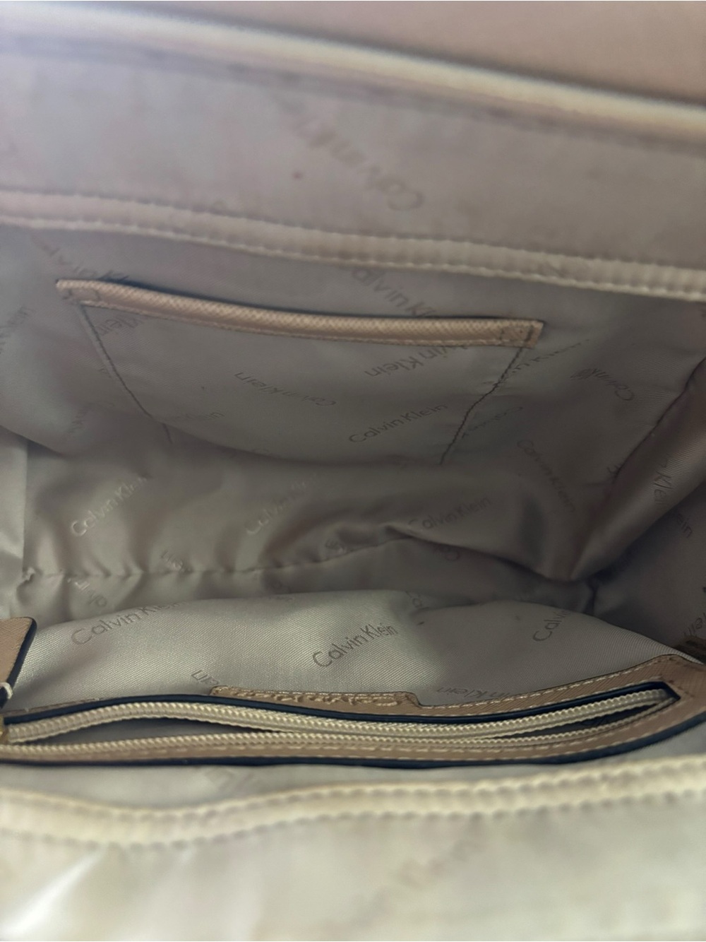 Calvin Klein Taupe Colorblock Satchel Tote Crossbody Bag with Pom Charm - Picture 4 of 5